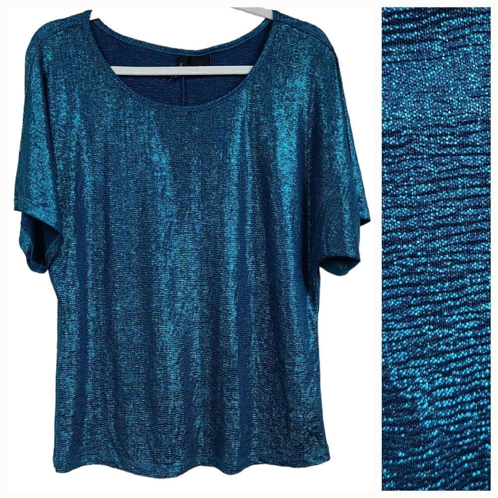 ND Women's Blue Metallic Shimmer Dolman Sleeve Fancy Blouse Stretchy Fluid Knit